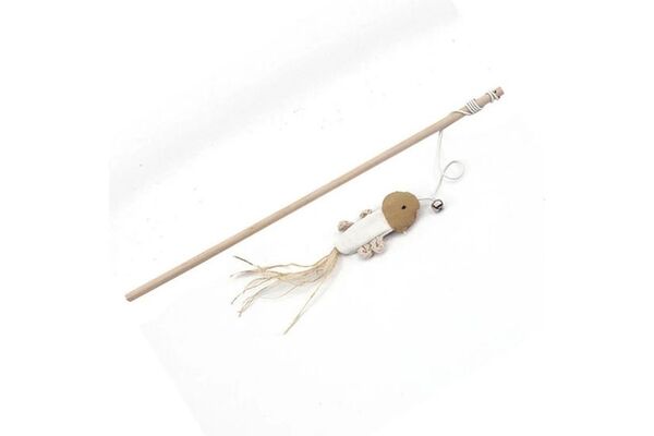 Cat Wooden Stick Teaser Toy – Burlap Mice Fish Shape with Feather