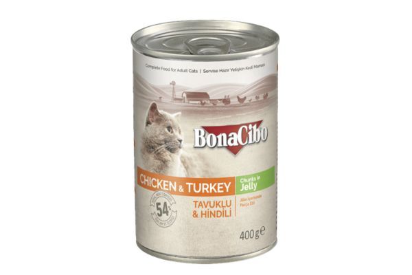 BonaCibo Adult Canned Cat Wet Food - Chicken & Turkey Chunks in Jelly (400gm)